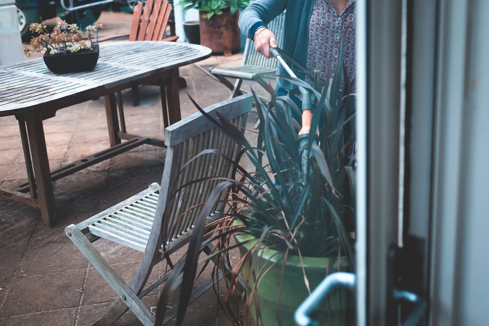 A gardener watering a large container on a residential patio
