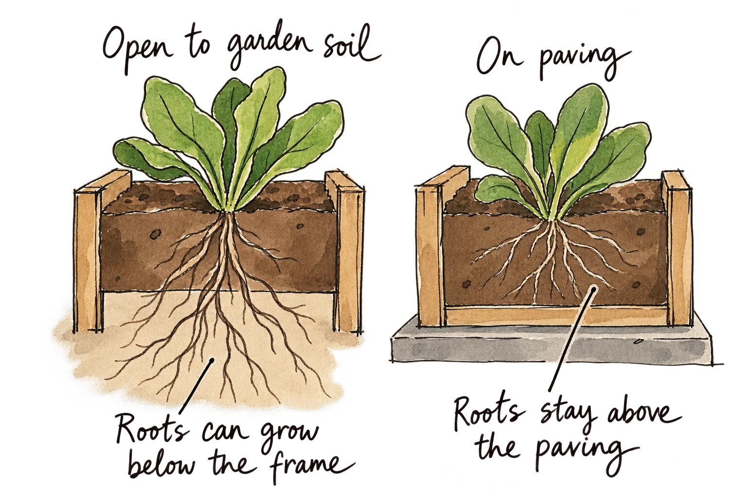 Cutaway of a timber bed: vegetable roots continue below the frame into garden soil