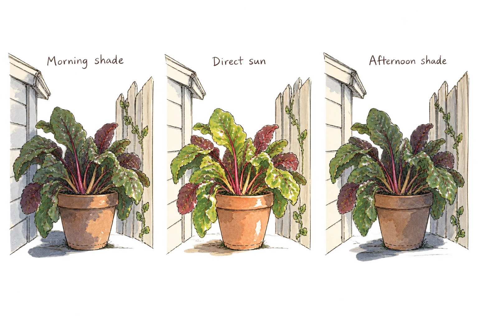 Chard beside the shed in morning shade